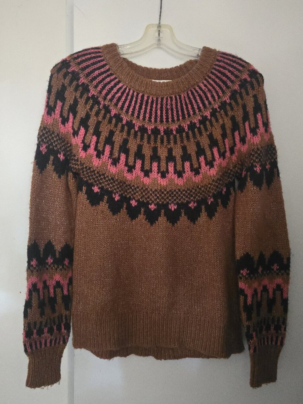 Knox Rose Fair Isle Pullover Sweater Women's XS Brown Pink Black Nordic Knit